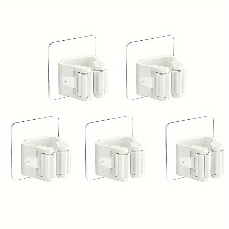 Mop & Broom Holder Hook, 5 Counts Wall Mounted Broom Clip, Self-adhesive Mop Broom Rack, Detachable Waterproof and Non-slip Practical Hook, Hanging Organizer, Organiser, Wall Hanging Fastener, Wall Hooks