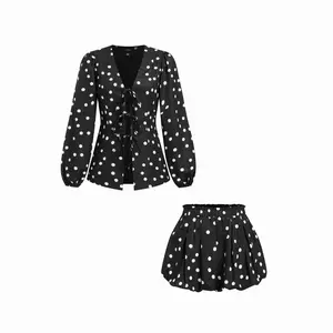 Cider Polka Dot Tie Front Bow Lantern Sleeve Top & Mid Rise Barrel-leg Shorts Set