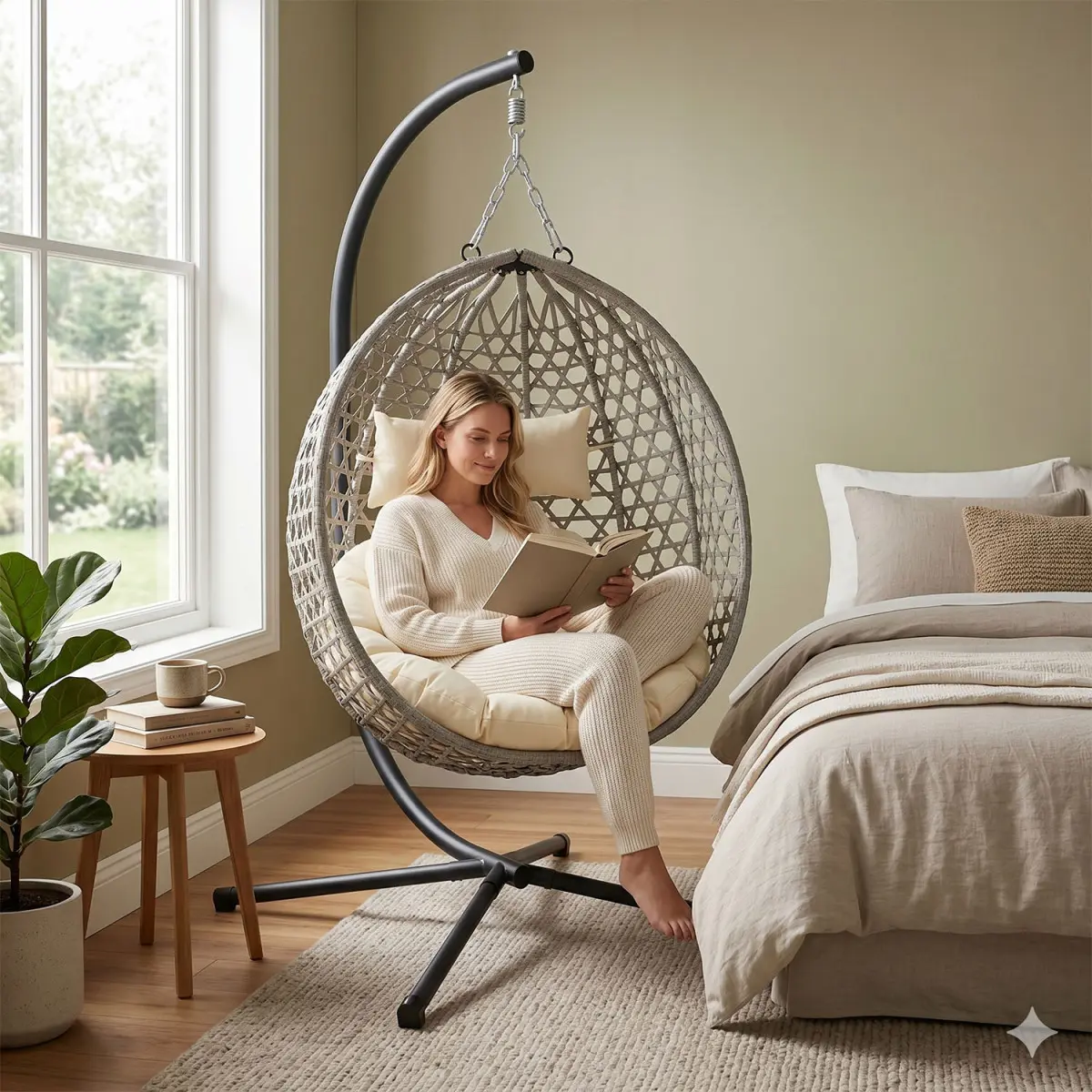 Oversized Patio Swing Egg Chair, Rattan Outdoor Indoor Hanging Egg Chair with Stand, Cozy Bird Cage Swinging Basket Chairs, 350 lbs Egg-Shape Padded Seat for Balcony Outside, Aluminum Steel Frame , Grey+Beige