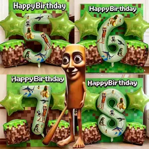 Pixel Party & Italian Brainrot Balloon Set, Large 32in Green Number Balloons 0-9 with Tralalero Tralala Characters Stickers, Star Foil Balloons, for Christmas, New Year, Happy Birthday, Video Game Themed Birthday Party Decor, Gamer Decor