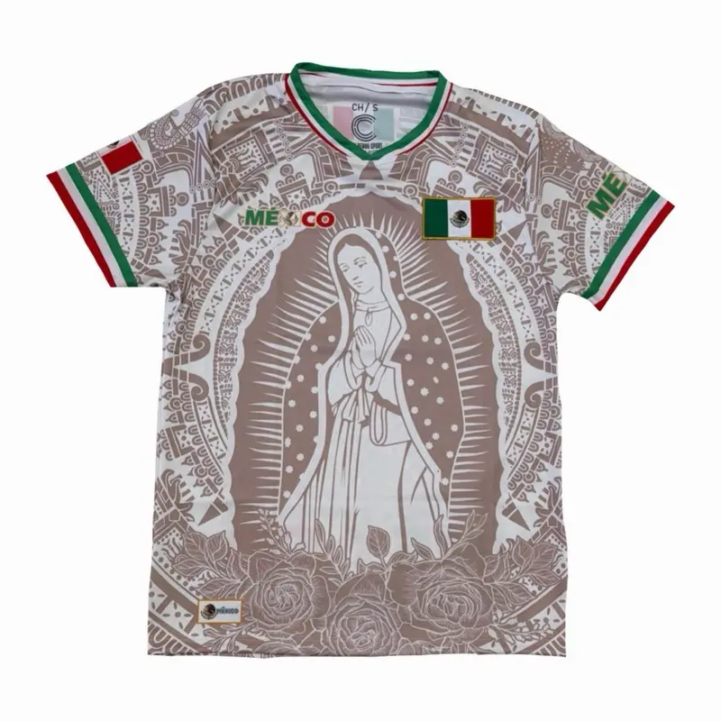 Mexico Virgencita Beige & Grey/Pink  Unisex Jersey with Mexican Flag Accents & Guadalupe Graphic Short Sleeve for Casual Sports or Cultural Events