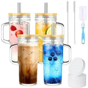4 Pack 23oz Glass Cups with Lids and Straws,Glass Tumbler with Handle,2 set–Reusable Glass Ice Coffee Cups with Lid and Straw for Smoothies,Tea,Juice,Boba Cup for Cold & Hot Drinks,Travel Cup