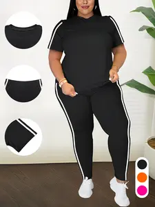 Plus Size 2 Piece Tracksuit Set for Women – Short Sleeve Top & Slim Fit Leggings with Side Stripe, Casual Athletic Lounge Outfit