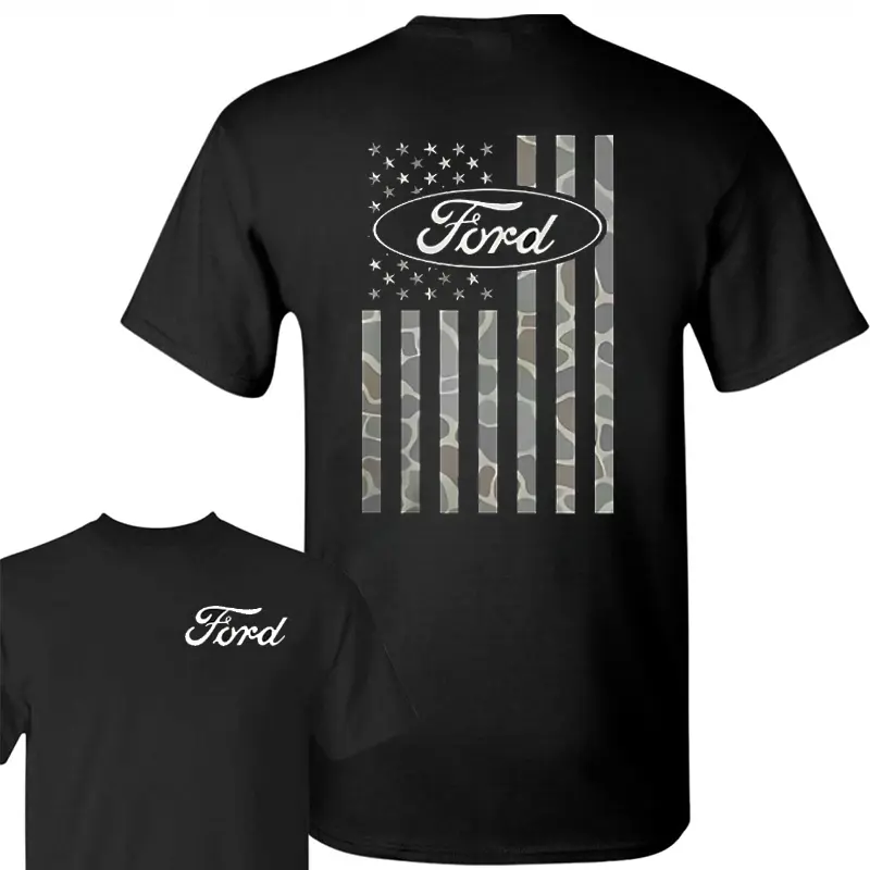 100% Cotton - Ford Camo Flag Graphic Tee, Vintage Patriotic USA Camouflage Shirt, Classic Truck Streetwear for Auto Enthusiasts, Unisex American Car Culture T-Shirt