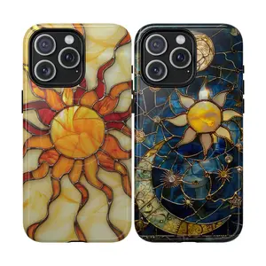 Yellow Gold Sun Stained Glass Printed Tough Phone Case Compatible with iPhone 17/16/15/14/13/12/11/X/Xs/Xr/8 with Dual-Layer Defense and Wireless Charging Ready |       Celestial Stars Print Fashion Trendy High Quality Design Accessories