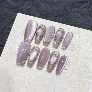 Handmade Coffin Press On Nails, Long Purple Glitter Cat Eye False Nails, Reusable Manicure Nail Art for Christmas, Valentine's Day, Wedding, Daily