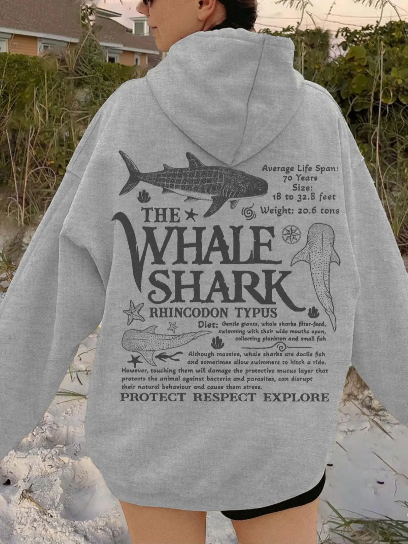 Holiday Style Women Whale Shark Letter Animal Print Knit Pullover Long Sleeve Fashion Hoodie, Loose-Fit Thick Fleece Lined Sweatshirt, Fall & Winter Casual Streetwear