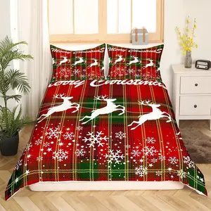 Christmas Duvet Cover,Set,White Deer and Snowflake Print Quilt Cover,with,Red Plaid Print Bedspread Cover for Kids Boys Girls,No Comforter