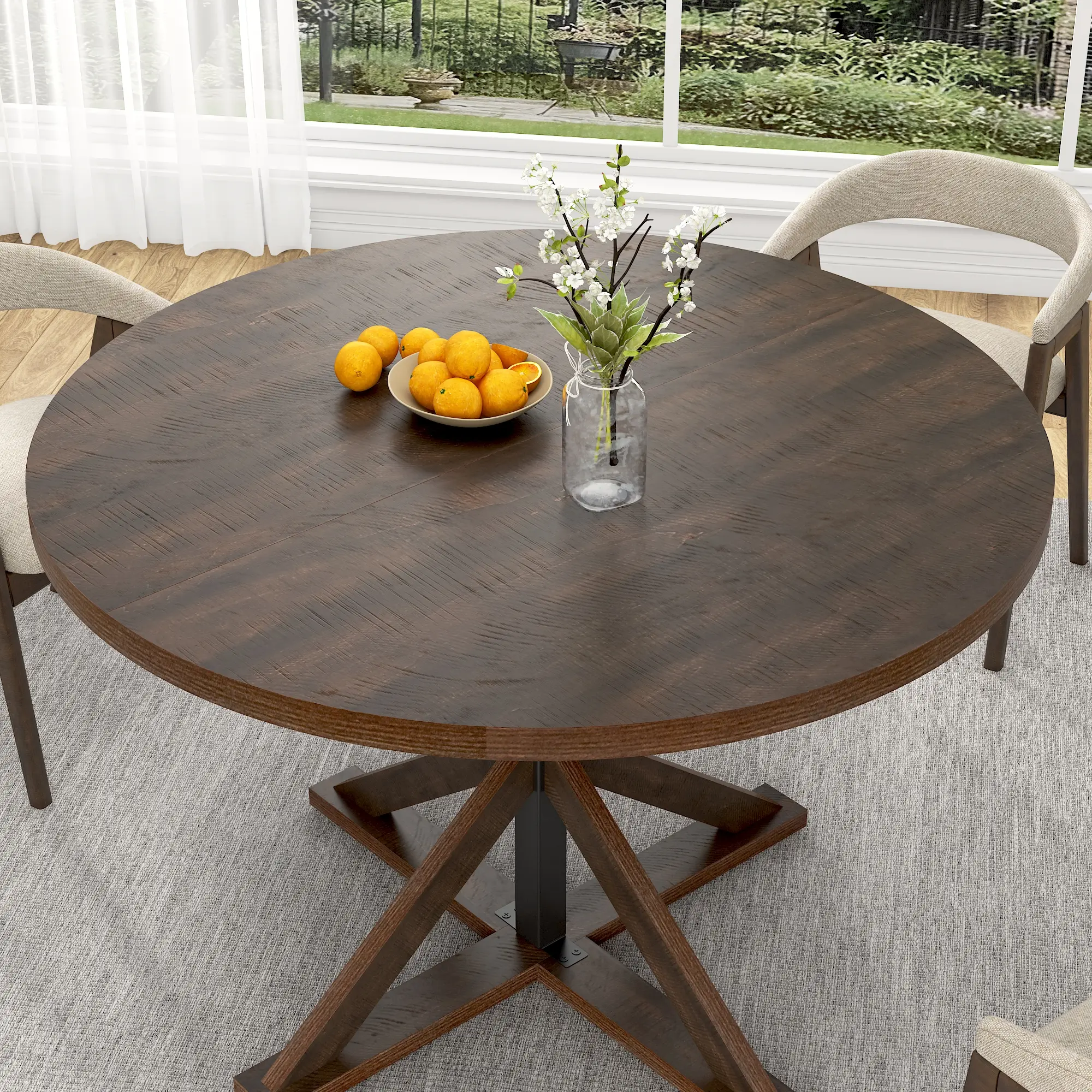 47" Round Farmhouse Wooden Heavy Duty Indoor Furniture Dining Table for 4, with Sturdy Metal Base, Rich Brown Finish, for Family Gatherings & Casual Brunches, Heavy Duty Table, Indoor Furniture Table
