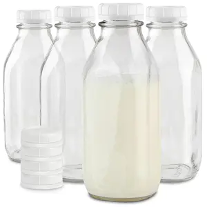 Stock Your Home Liter Glass Milk Bottle with Lid (4 Pack) 32 Oz Jugs and 8 White Caps, Reusable Food Grade Container for Refrigerator, Juice, Oat or Plant Milks, Water, Honey