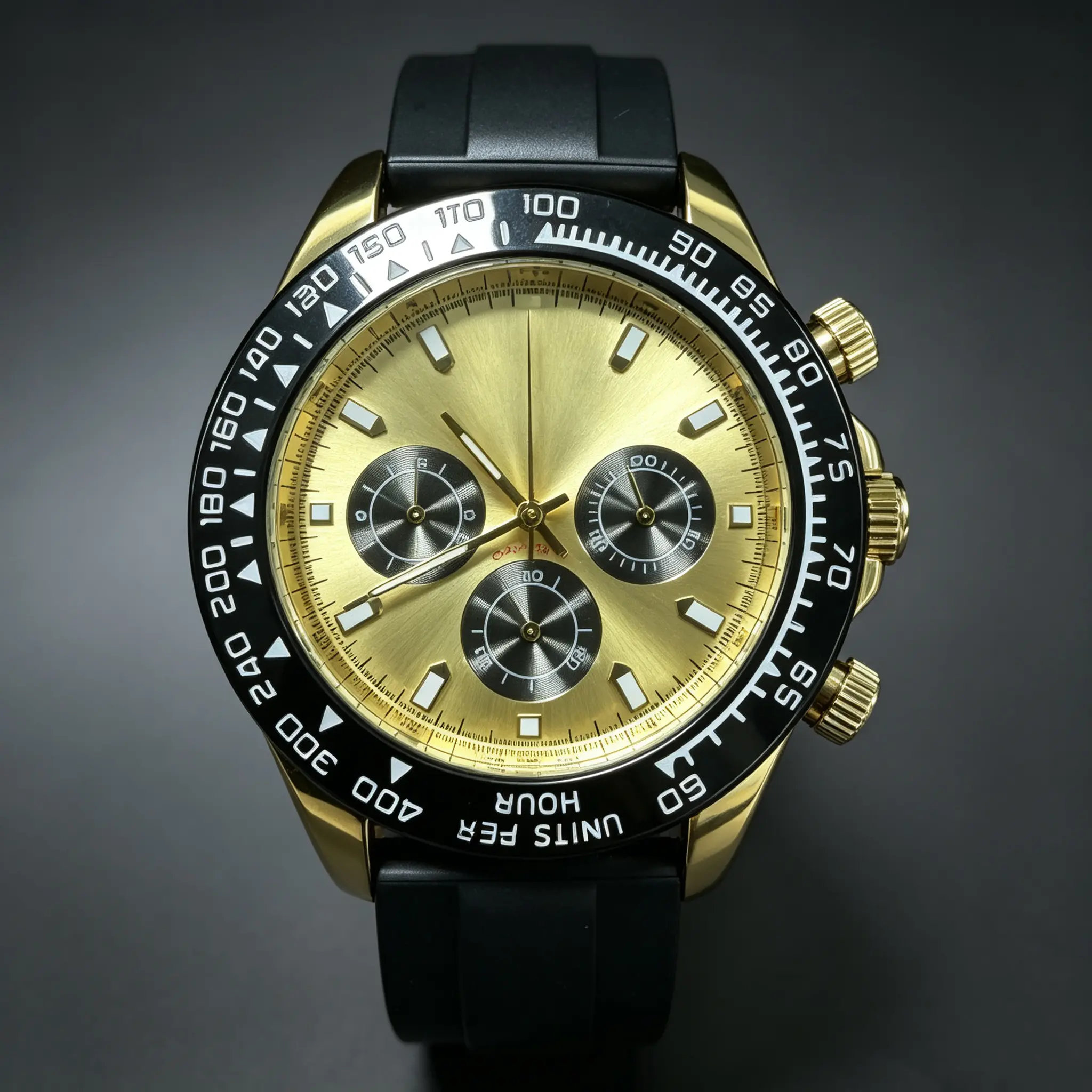 Gloss gold‑cased racing chronograph watch paired with wear‑proof ceramic bezel and comfy silicone strap, a high‑end daily‑wear essential for modern gentlemen.