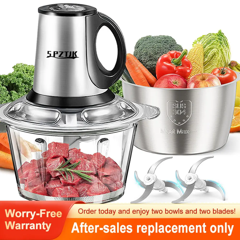 SPZTJK Auto Food Processor Chop & Grind in 10s! Free Dishwasher-Safe Blades+Bowls! Turbo Copper Motor for Meat/Nuts/Baby Food!