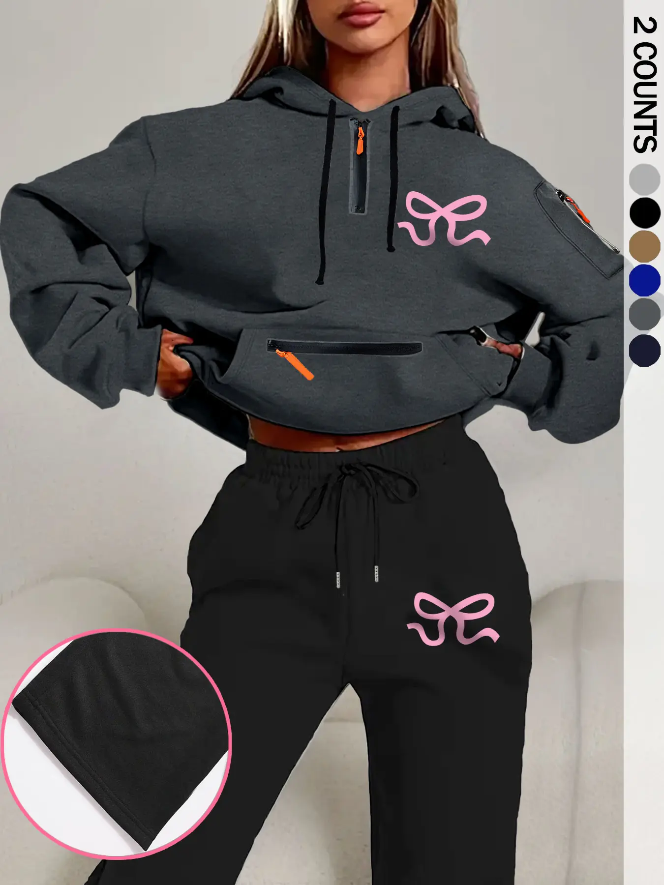 Women's Casual Loose-Fit Hooded Sweatshirt & Bow Print Pants Set, Zipper Detail, Winter Fashion, Comfortable Two-Piece