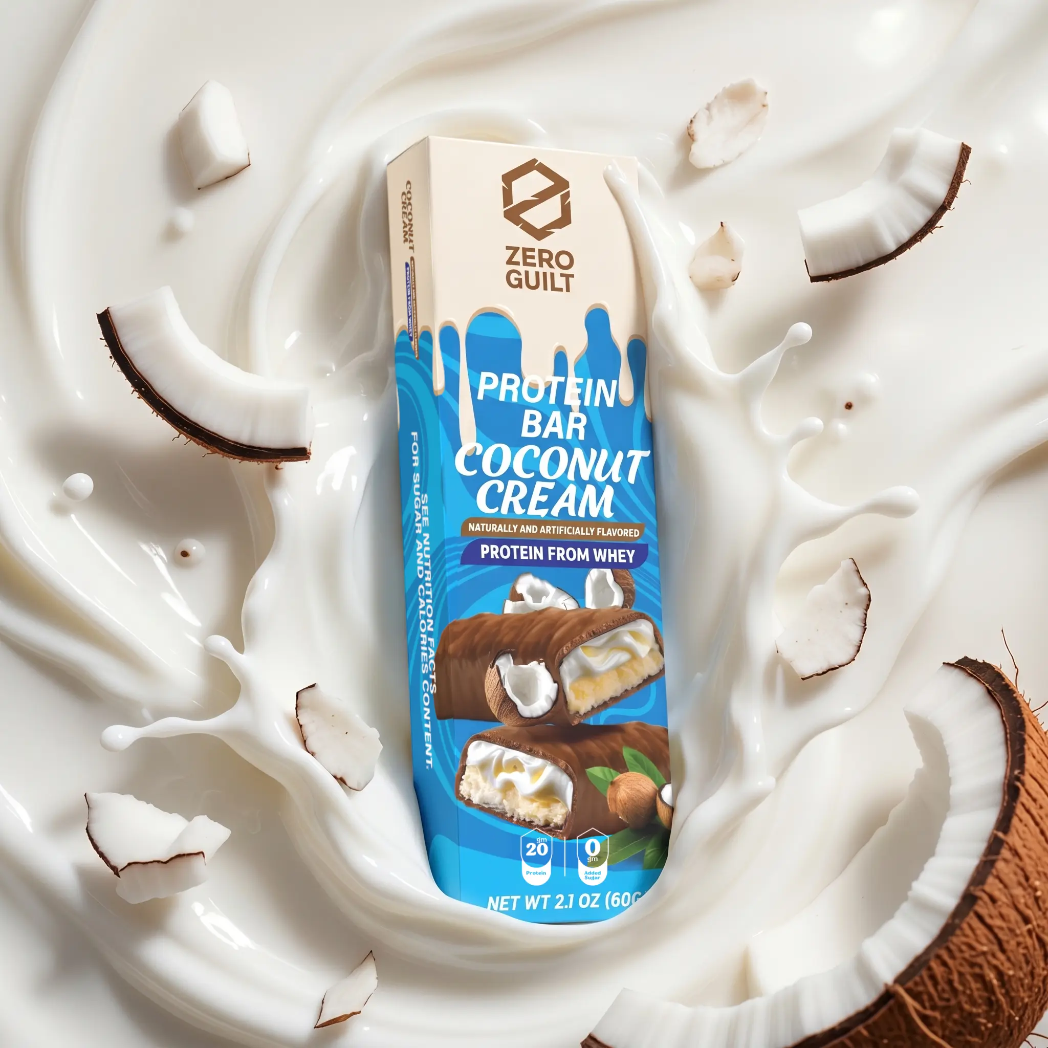 ZERO GUILT Coconut Cream 20G Protein Bar, ZERO Added Sugar, 60g Net Weight - 12 Pack