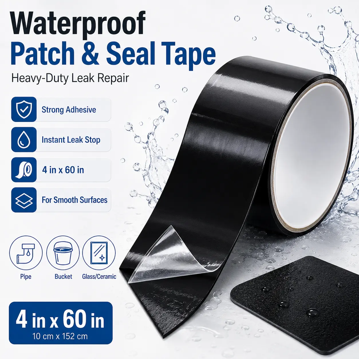 4" x 60" Heavy Duty Waterproof Seal Repair Tape, Strong Adhesive Leak Stop Patch for Roof, Pipe, RV, Gutter & Outdoor Emergency Repairs, Black