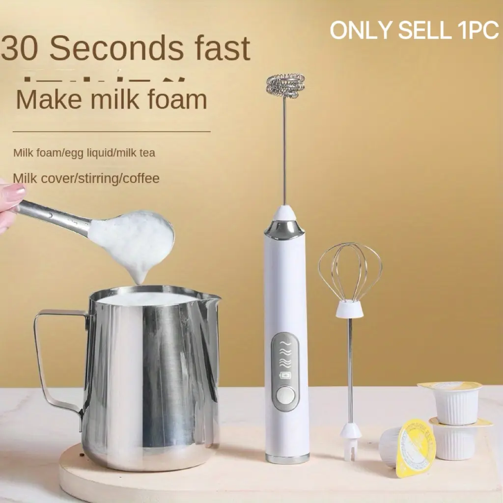USB Rechargeable Handheld Electric Milk Frother, Cordless Milk Frother, Drink Frother, 3 Speed Adjustable Foam Maker with 2 Heads, Coffee & Hot Chocolate Mixer, Kitchen Appliances for Home Use