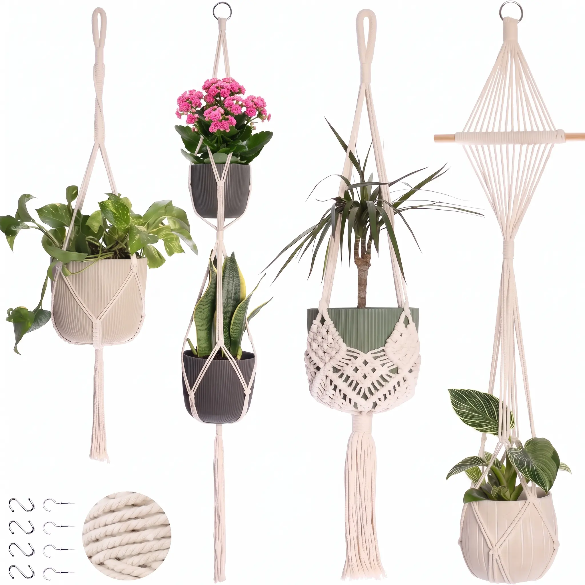 Cream Boho Macrame Plant Hanging Holder 4-Piece Set - 8 Hooks, Tassel Ends, Indoor/Outdoor Home Garden Decor