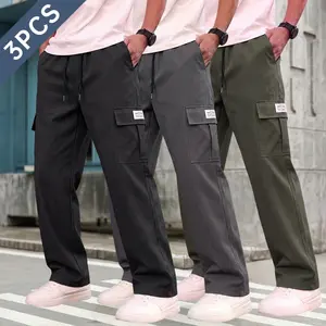 3-pack men’s straight-leg cargo pants, multi-pocket drawstring elastic waist casual trousers, outdoor work pants, American street style—suitable for everyday wear, commuting, and going out!, Workwear, Utility