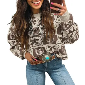 Asvivid Women's Bows & Horseshoes Pattern Western Style Fashion Print Crewneck Casual Long Sleeve Sweater Pullover Tops Fall Clothes Cowboy Knitwear