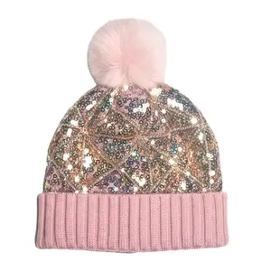 Diamond Sequined Satin-Lined Pom Hat - Pink