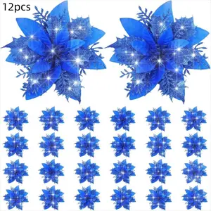 12 royal blue flashing Christmas flowers-shiny Christmas tree decoration, no electricity, durable plastic flower decoration, used for garlands, garlands, homes and offices-elegant holiday decoration, Party Decoration, suitable for Christmas,