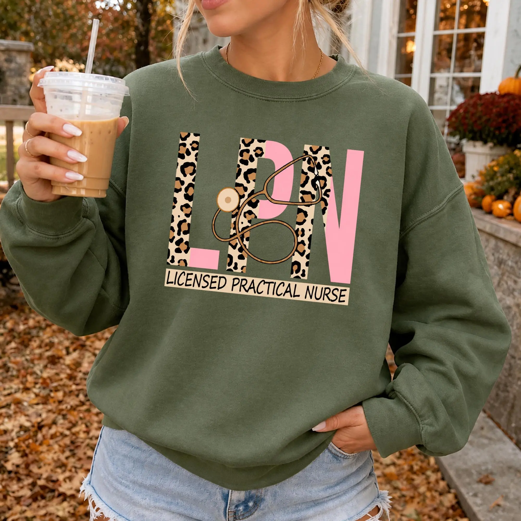 LPN Leopard Nurse Sweatshirt, Licensed Practical Nurse Nursing Crewneck, Pink Stethoscope Graphic Sweater, Practical Nurse Pullover, Nurse Gift for Women, Nursing Student Gift, Healthcare Worker Sweatshirt Casual Cotton