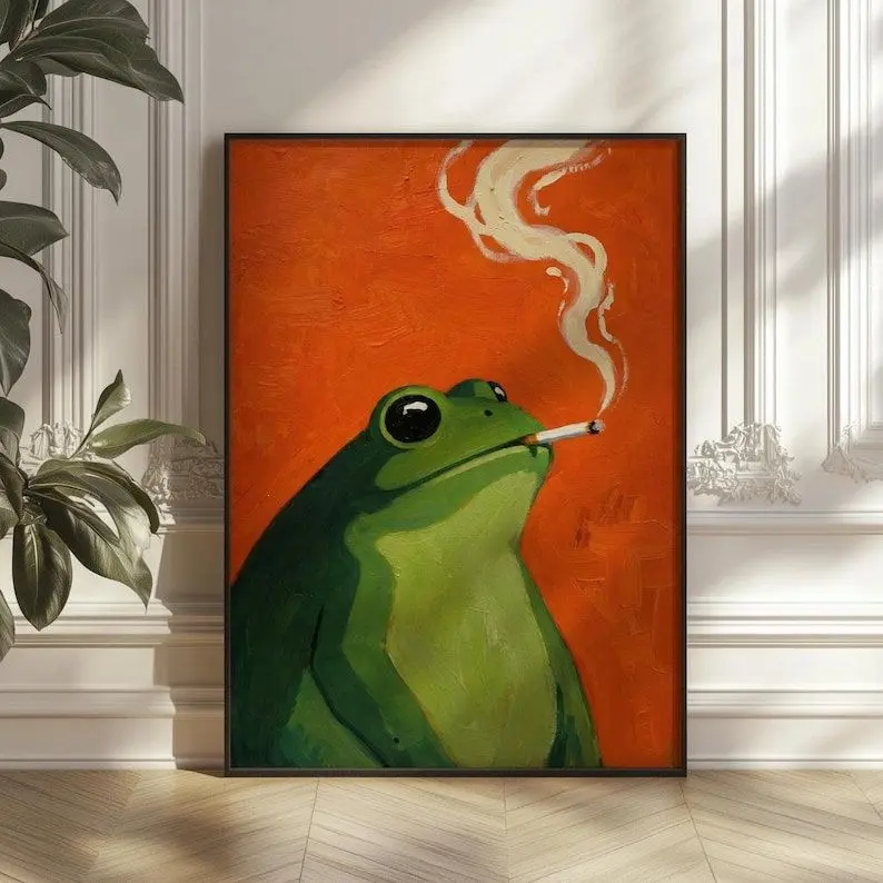 Retro Smoking Frog Poster, Funny Green Frog with Cigarette Wall Art, Quirky Animal Decor, Eccentric Weird Core Aesthetic Print- [No Frame]