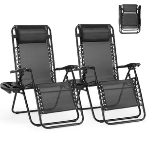 Set of 2 Zero Gravity Chairs with Cup Holder Trays, Camping Patio Outdoor Folding Lounge Chairs with Adjustable Pillow for Poolside