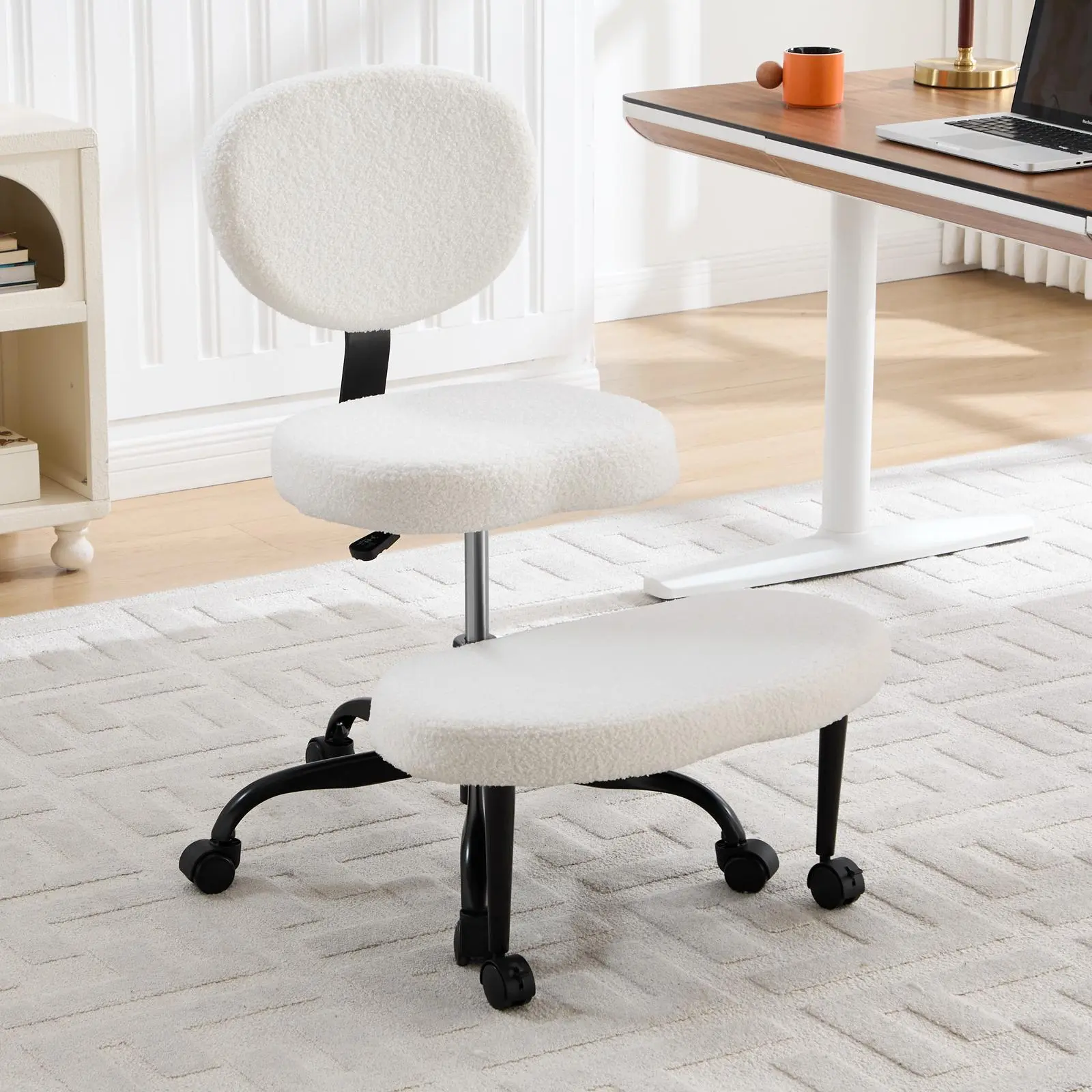 Ergonomic Cross Legged Swivel Chair - Soft Teddy Fabric, Adjustable Height, Lumbar Support, Durable Frame, Perfect for Home Office & Living Room