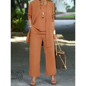 Women's fashion Casual Three-piece Solid Set, Long Sleeve Cardigan & Top & Long Pants Outfits, Women's Clothing