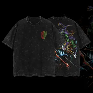 Superstyle Green Goblin Norman Osborn vs Spidey-man Villain MCU Comic Edition Double Printed Oversize Lightweight Acid Washed Tee TV Series Graphic Design Top Cotton Streetwear Comic Superheroes T-Shirt Clothes Men