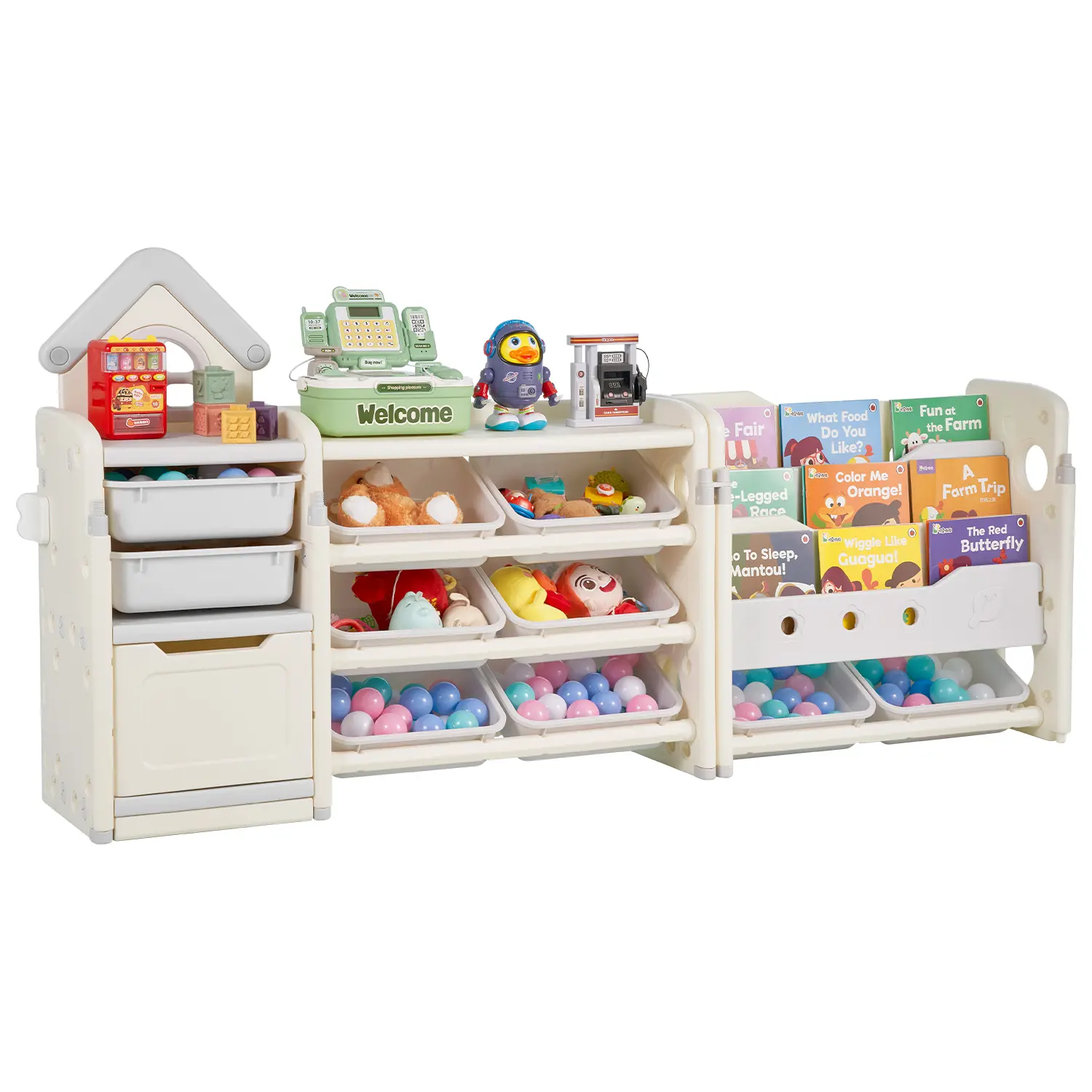【SummerFinds】VEVOR Unisex Kids Open Bookshelf, 4-Tier Stable Floor Furniture Organizer with 10 Movable Plastic Bins, Anti-Tipping Easy Setup Gray-Beige Cubby Cabinet for Playroom, Living Room (Holds 30 Books), Living Rooms