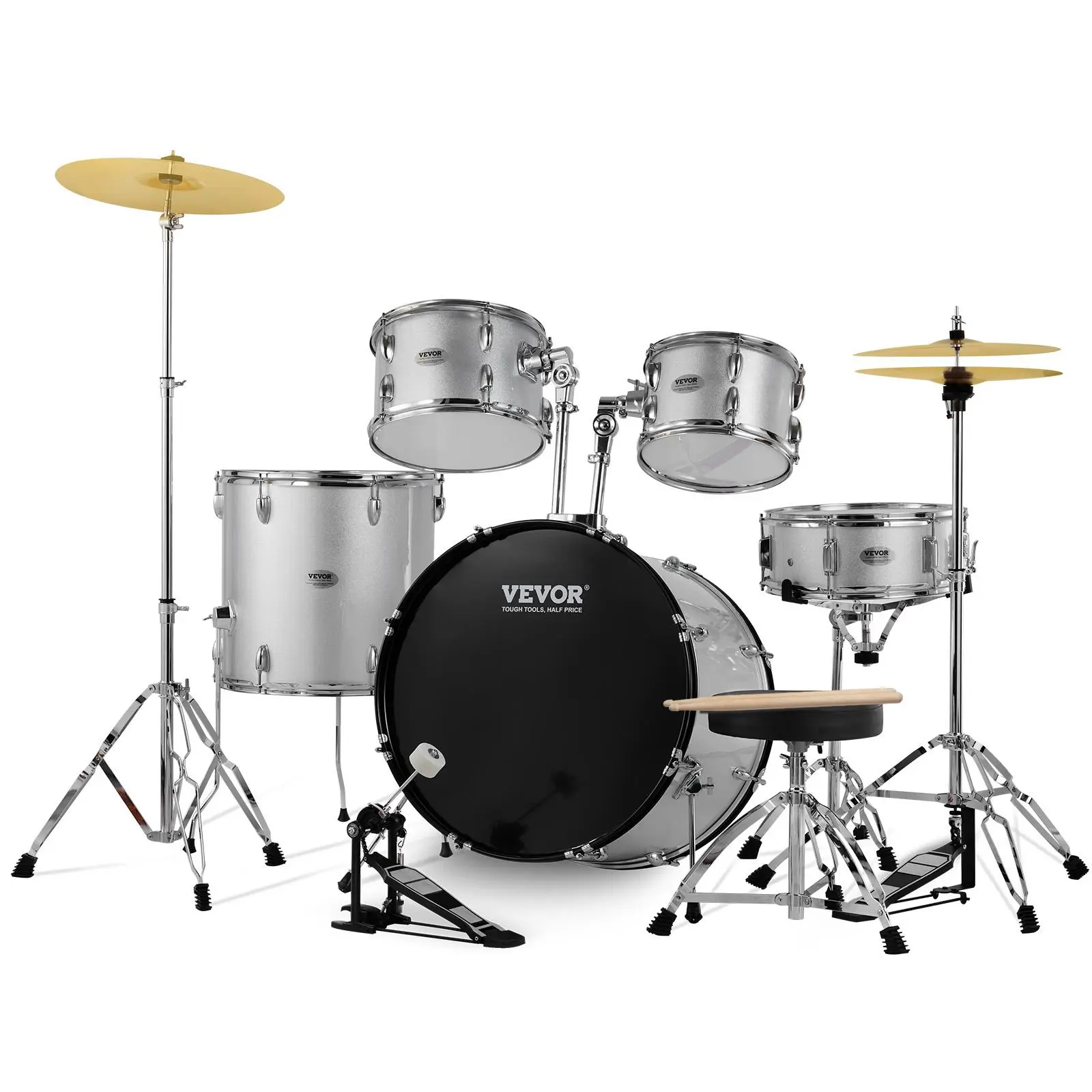 【Summerfinds】VEVOR Adult Drum Set,  5-Piece, 22 inches Complete Full Size Drum Kit with Bass Toms Snare Floor Drum Adjustable Throne Stands Cymbal Hi-Hat Pedal and Drumsticks, Beginner Drum Kit for Adults, Silver