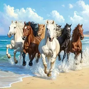 Wild Horses Running on Beach Ocean Waves 5D Full Drill Diamond Painting Kit Galloping Horse Seaside Landscape Art DIY Cross Stitch Mosaic Craft Powerful Home Wall Decor Handmade Gift for Horse & Nature Lovers