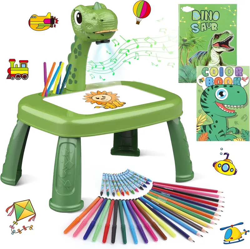 Drawing Projector for Kids, Art and Crafts, Drawing Board with Music, Color Pens, Pencils, Crayons, Scrapbook, Dinosaur Sticker Book, Ideal Toy for 3+ Year Old Girls & Boys (Dinosaur Kit)