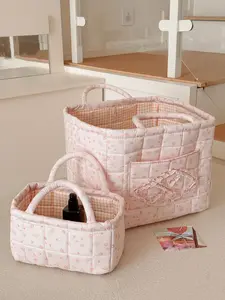 Pink Floral Quilted Storage Basket Check lined, multi-purpose, can store toys, toiletries and daily essentials, Bathroom Basket Organizer, perfect for luggage storage and room organization Available in various sizes