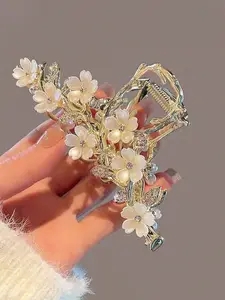 Metal Rhinestone Flower Branch Floral Pattern Hair Claw, Elegant Headpiece Hair Clip for Women, Large Shark Jaw Clip Large Size for Daily Commute, Metallic Finish Hair Clip, Flower Hair Clips
