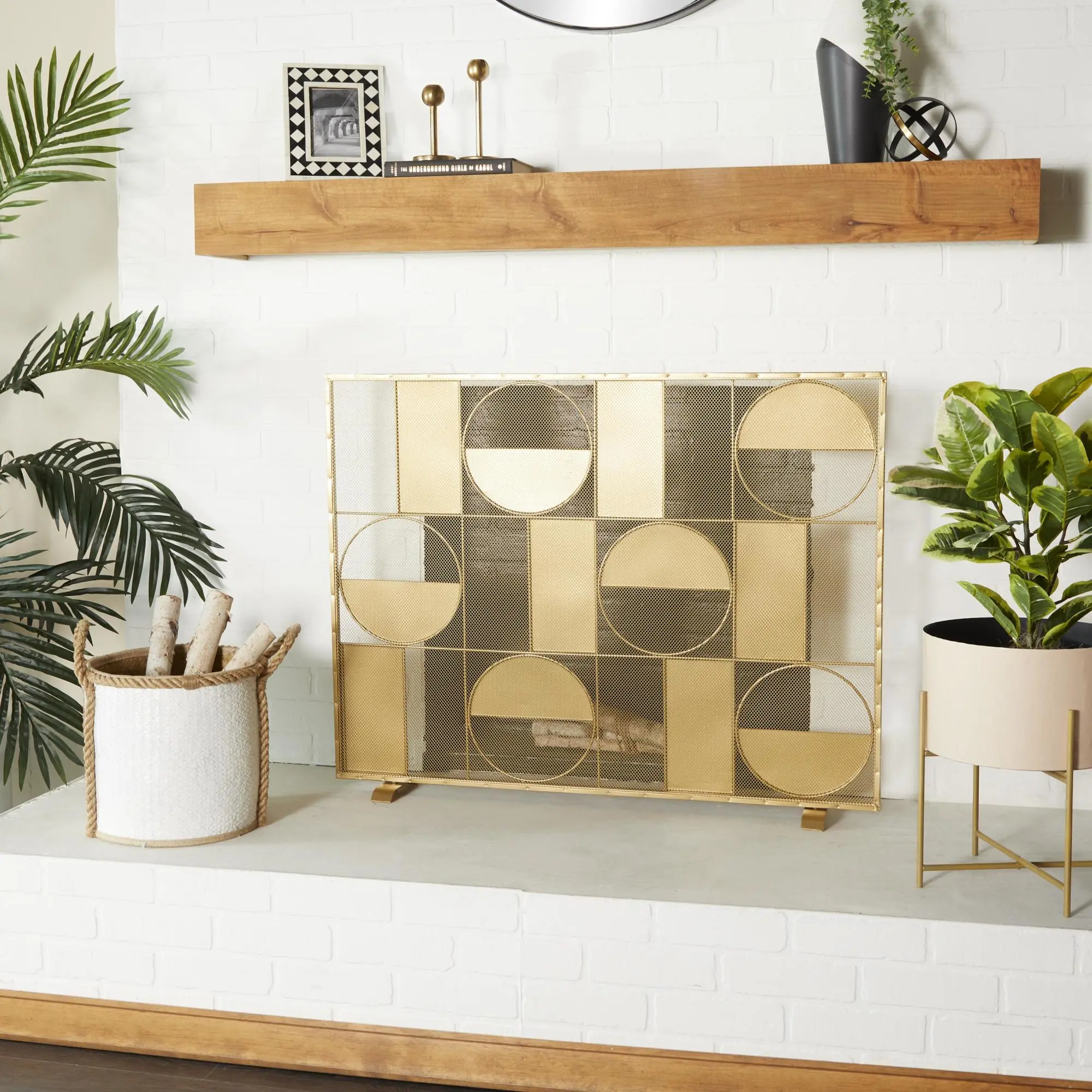 Geometric Gold Iron Single-Panel Fireplace Screen with Mesh Netting, Modern Decorative Indoor Furniture for Living Room & Home Office, 40l x 6w x 31.50h inches Room Divider
