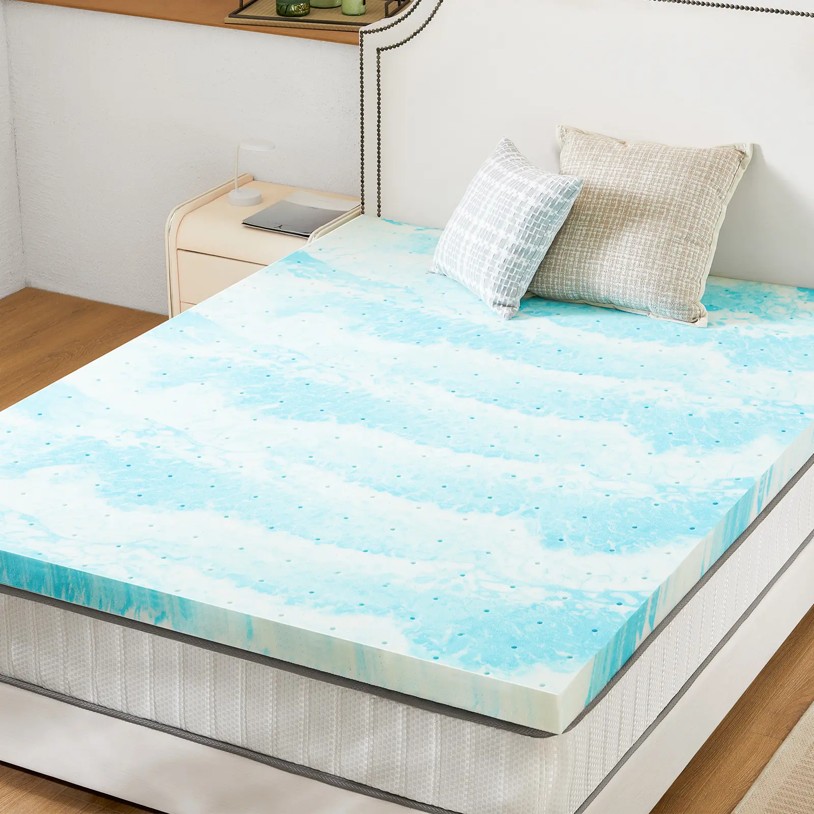 Sweetcrispy Full Size Cooling Gel Infused Mattress Topper, Soft Breathable Supportive Bed Pad, Non-Toxic Polyurethane Foam-Based Mattress Accessory, Memory Foam, Bedding Mattress Topper, Memory Foam Padding