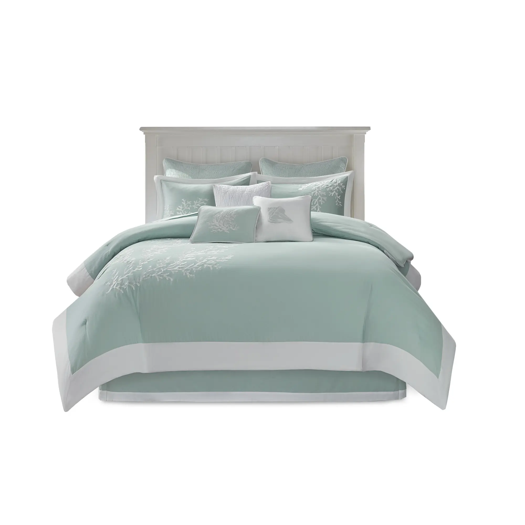 Oversized Cotton Jacquard Comforter Set Queen Size Bedding with Coral Embroidery, Hypoallergenic Polyester Fill, Includes Comforter, Bed Skirt & Shams, Dry Clean Only, for Master Bedroom or Guest Room
