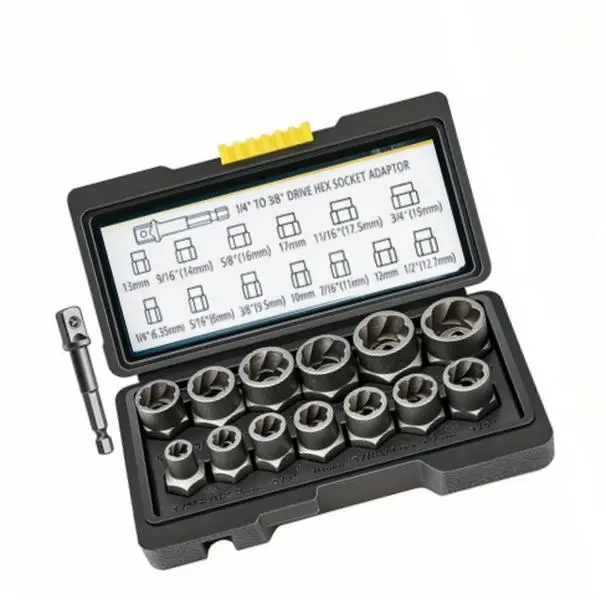 15pcs & 13pcs Nut Extractor Bolt Remover Set, 1pc Iron Bar (for Knocking Stuck Fasteners Out of Sleeves), 1pc 1/4"-to-3/8" Drive Hex Socket Adapter