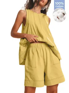 Women's 2 Piece Casual Matching Sets Sleeveless Tank Tops High Waist A Line Shorts Contrast Stitching With Pockets Summer Beach Outfit