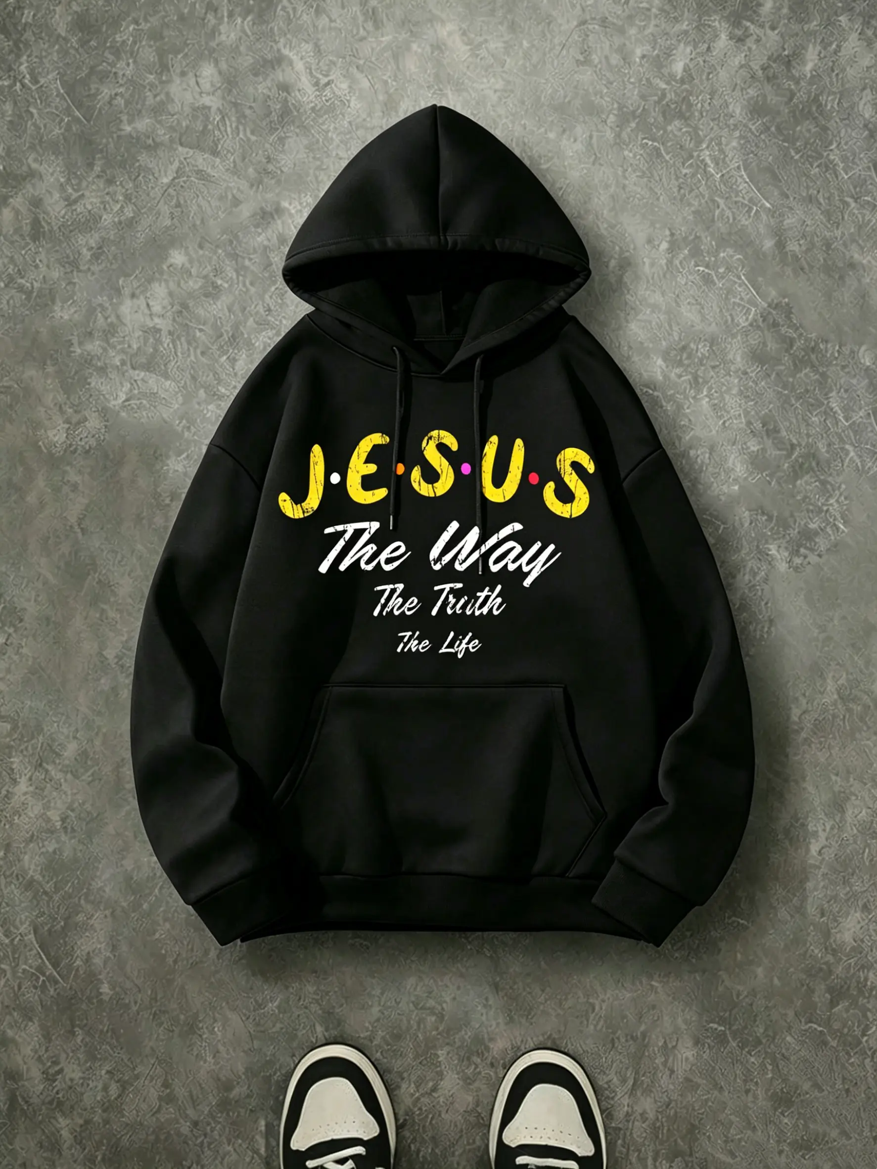 Jesus The Way The Truth The Life Distressed Vintage Letter Hoodie, 270G Brushed Fleece Yellow Retro Scripture Front Print Black Hooded Sweatshirt, Minimal Christian Casual Streetwear Pullover For Men & Women