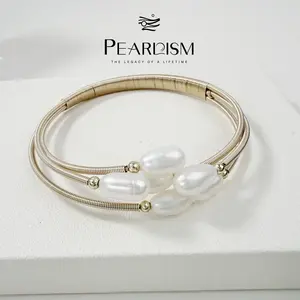 PEARLISM Seedless Freshwater Pearl Multi-Strand Wire-Wrapped Cuff Bracelet | Gold/Silver Tone Delicate Daily Wear Bangle-PSBG1501S/G