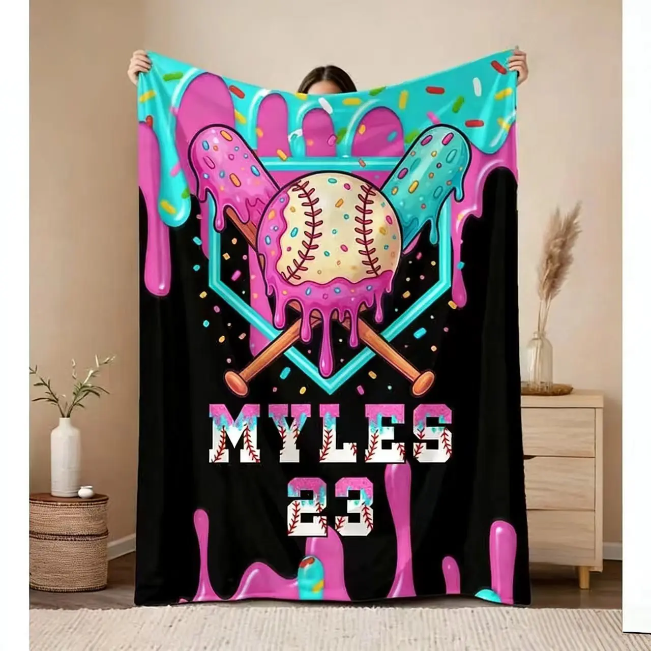 Personalized Baseball Drip Velvet Throw Blanket, Custom Name-Number Ice Cream Drip Print with Waffle Cone Background, Multi-Size Sports-Themed Kids Room Decor Birthday Gift for Baseball Players