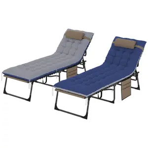 Outsunny Chaise Lounge Chair Outdoor Set of 2, 5-Position Adjustable Outdoor Pool Lounge Chairs, Folding Tanning Chair Beach Lounger with Cushion, Headrest, Side Pocket for Patio, Yard, Brown/Blue