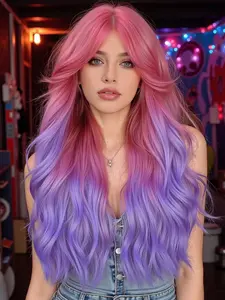 Pink Purple Women Wig with Bangs , Wavy Ombre Wig, High-Temperature Fiber Rose Net Wavy Synthetic Hairpiece, Suitable for Daily Work, Beach Vacation, Music Festivals,Christmas Cosplay