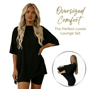 Women’s summer crewneck two-piece loungewear set, ideal for home relaxing. Features an oversized split-hem top and biker shorts with side pockets. Made of soft viscose, it’s lightweight and easy to care for.