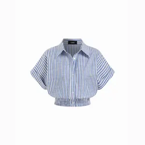 Cider Cotton-blend Stripes Collar Batwing Sleeve Shirred Crop Blouse
