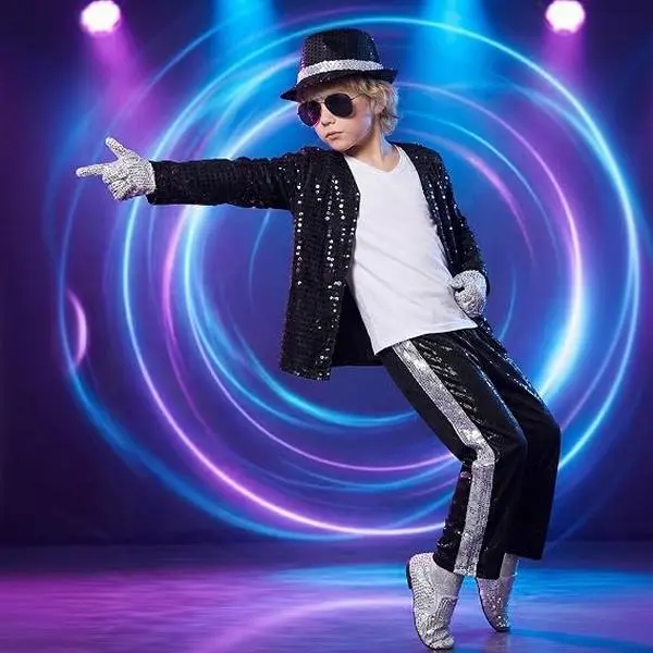Kids Boys 7Pcs Dance Star Costume Set, 80s 90s Retro Sequin Outfit 7 Piece for Halloween Party Stage